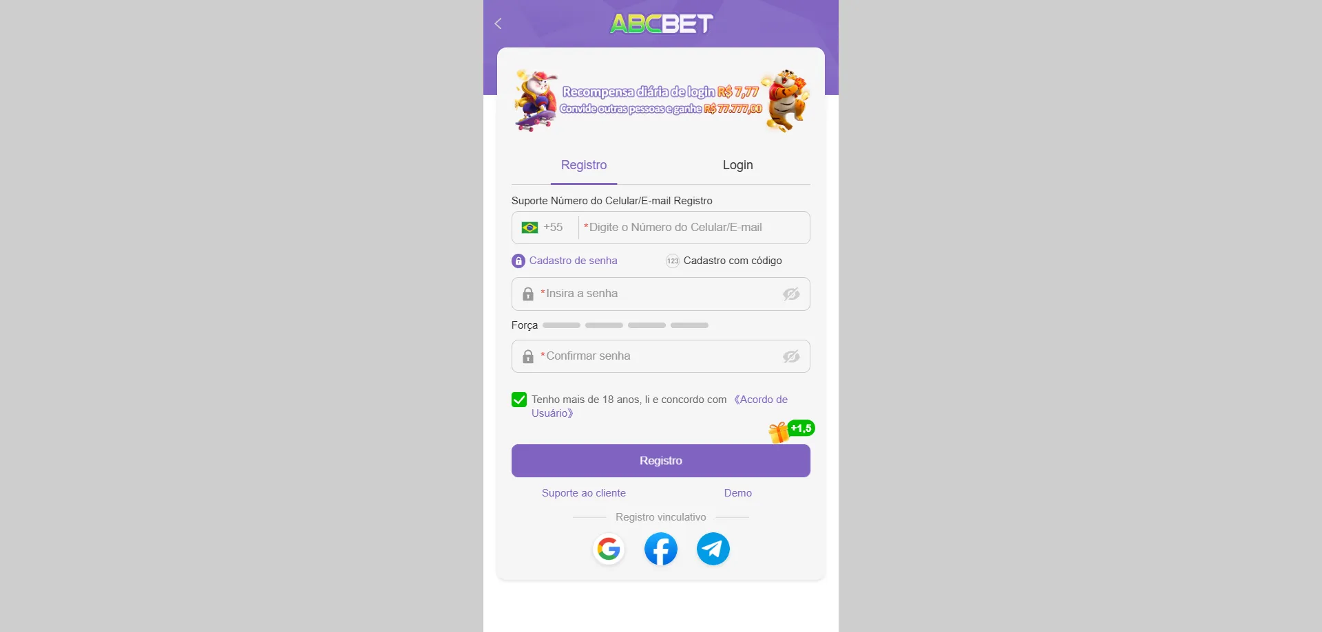 Tela de login seguro da Abcbet Casino para jogadores do Brasil